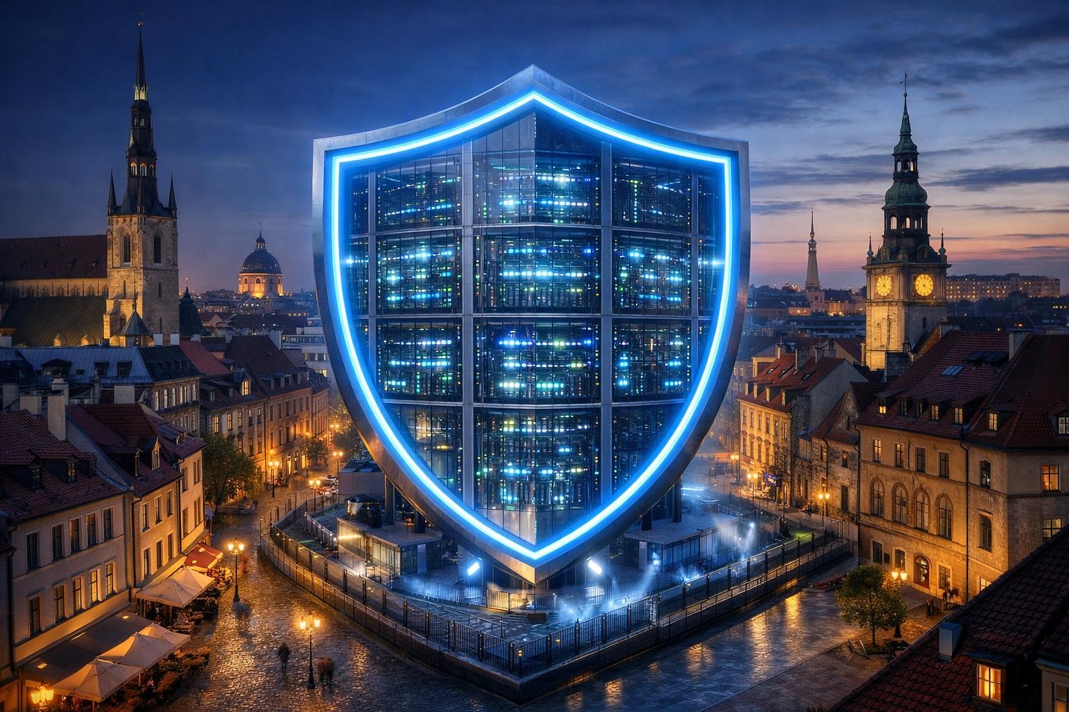 Futuristic blue shield outline covering a glass building with city lights at dusk