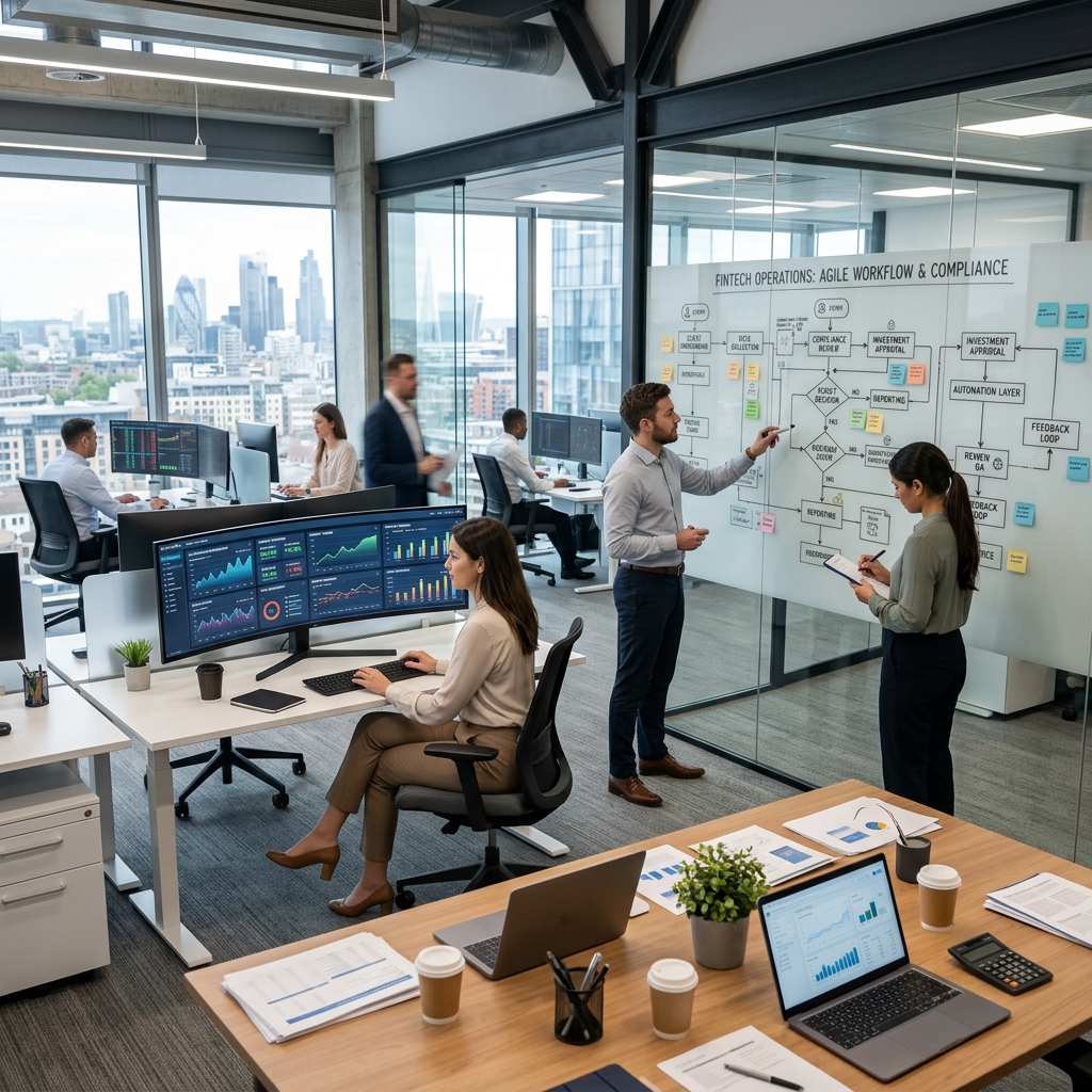 Fintech team analyzing financial data and workflow on monitors and whiteboard