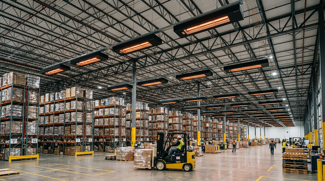 Warehouse interior with tall pallet racks filled with boxes and a forklift moving pallets