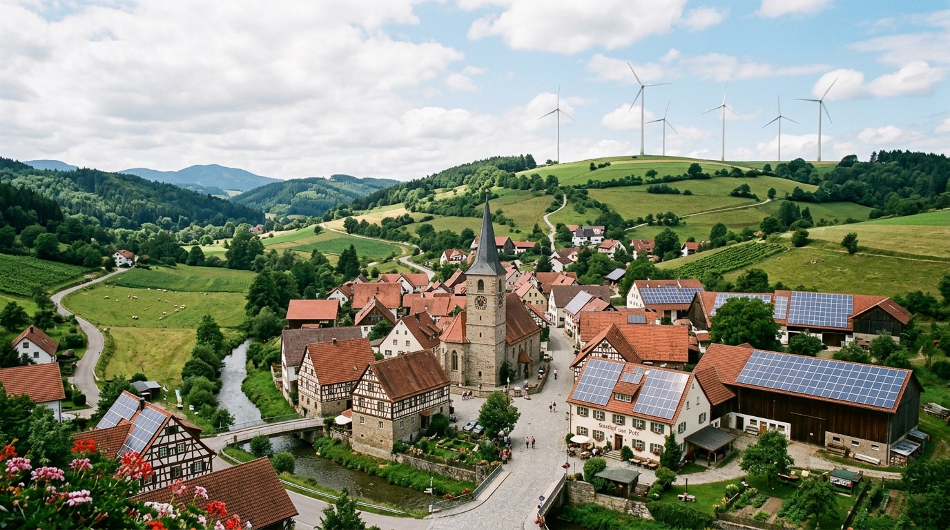 Village with red-roofed houses, solar panels on roofs, wind turbines on hills, and a central church