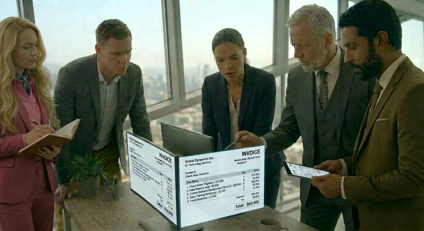 Office desk with laptop showing budget spreadsheet, tablet displaying graphs, business document, coffee mug, mouse, and office supplies