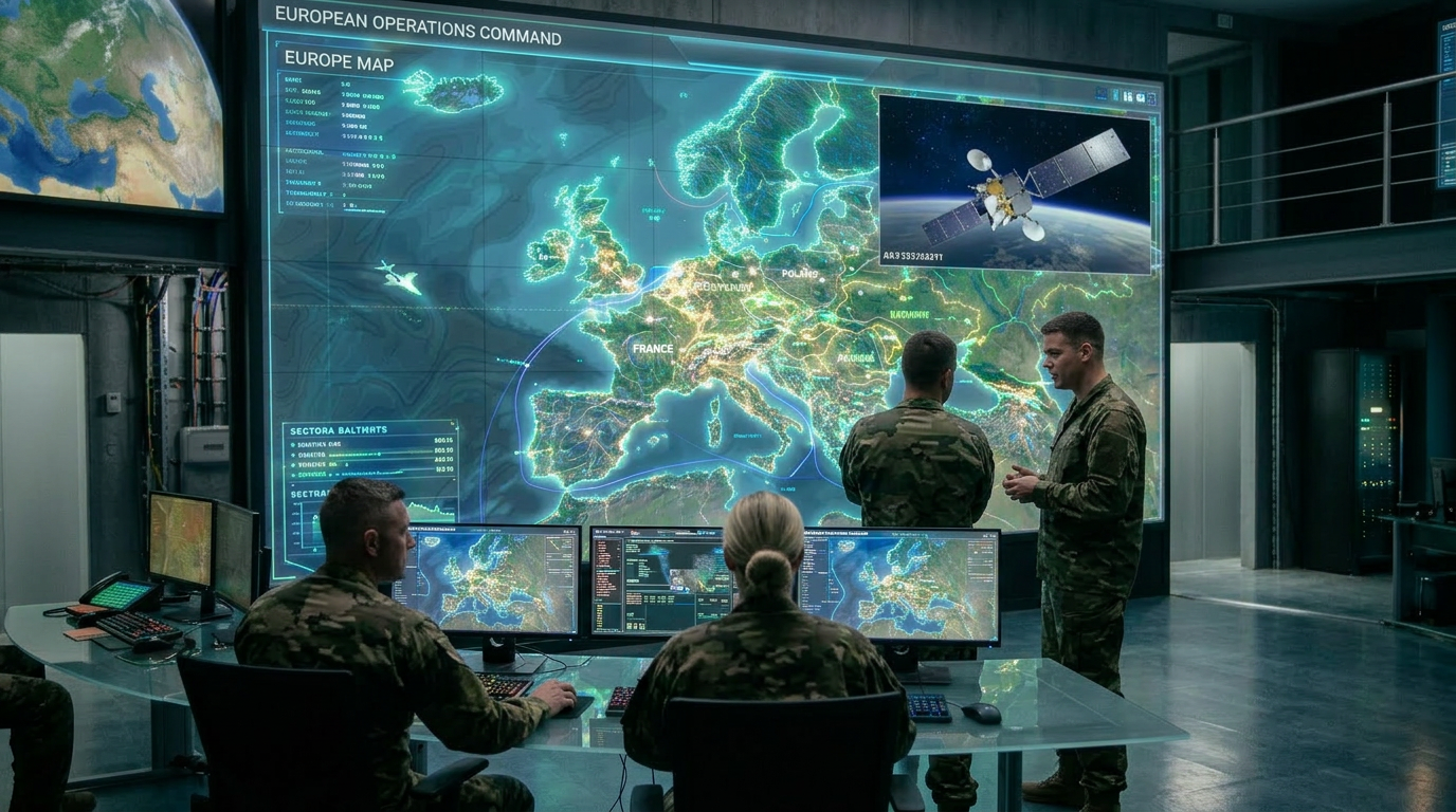 Military personnel monitoring digital maps and data of Europe in command center