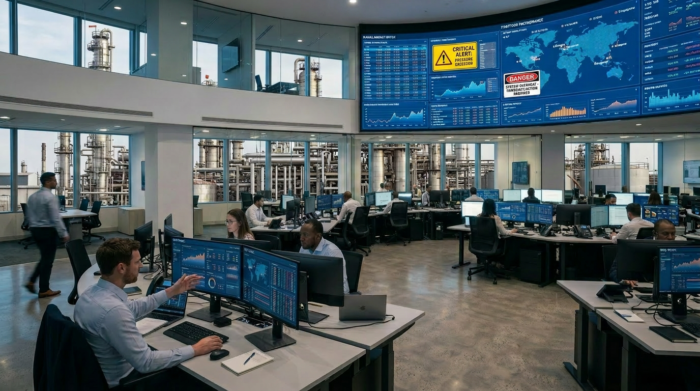 Traders working at desks with multiple monitors displaying financial and market analytics