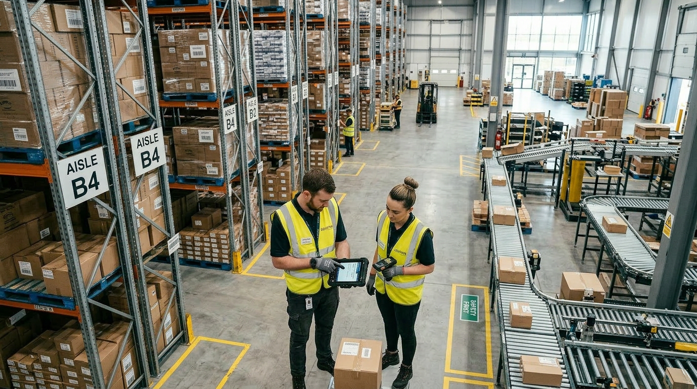 Warehouse worker checking inventory on a handheld digital scanner in a large warehouse with shelves and boxes