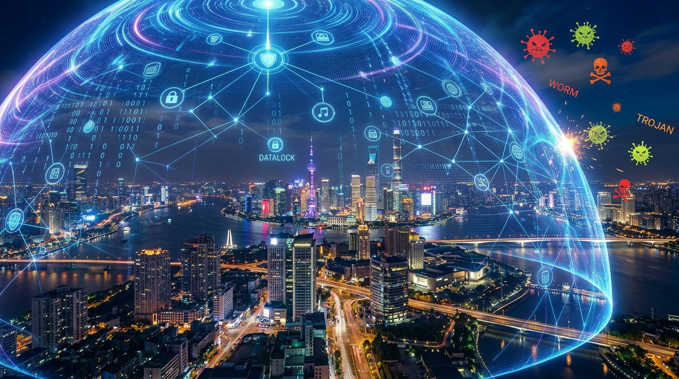 City skyline at night protected by a glowing digital network dome with security icons