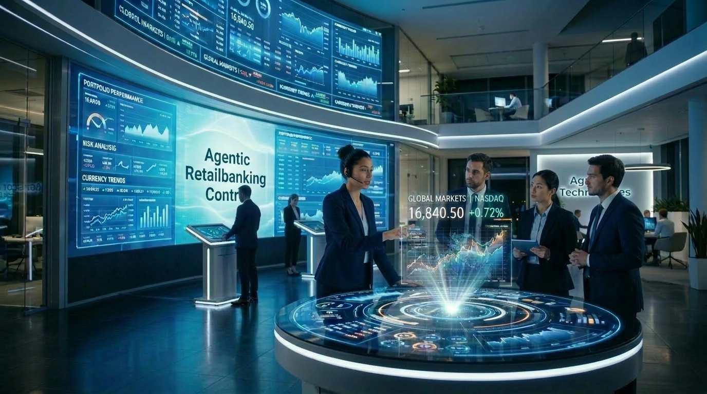 Professional woman using interactive digital table displaying global market data in a modern bank environment