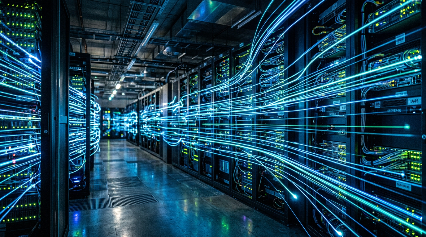 Server racks with glowing blue fiber optic cables showing data transmission