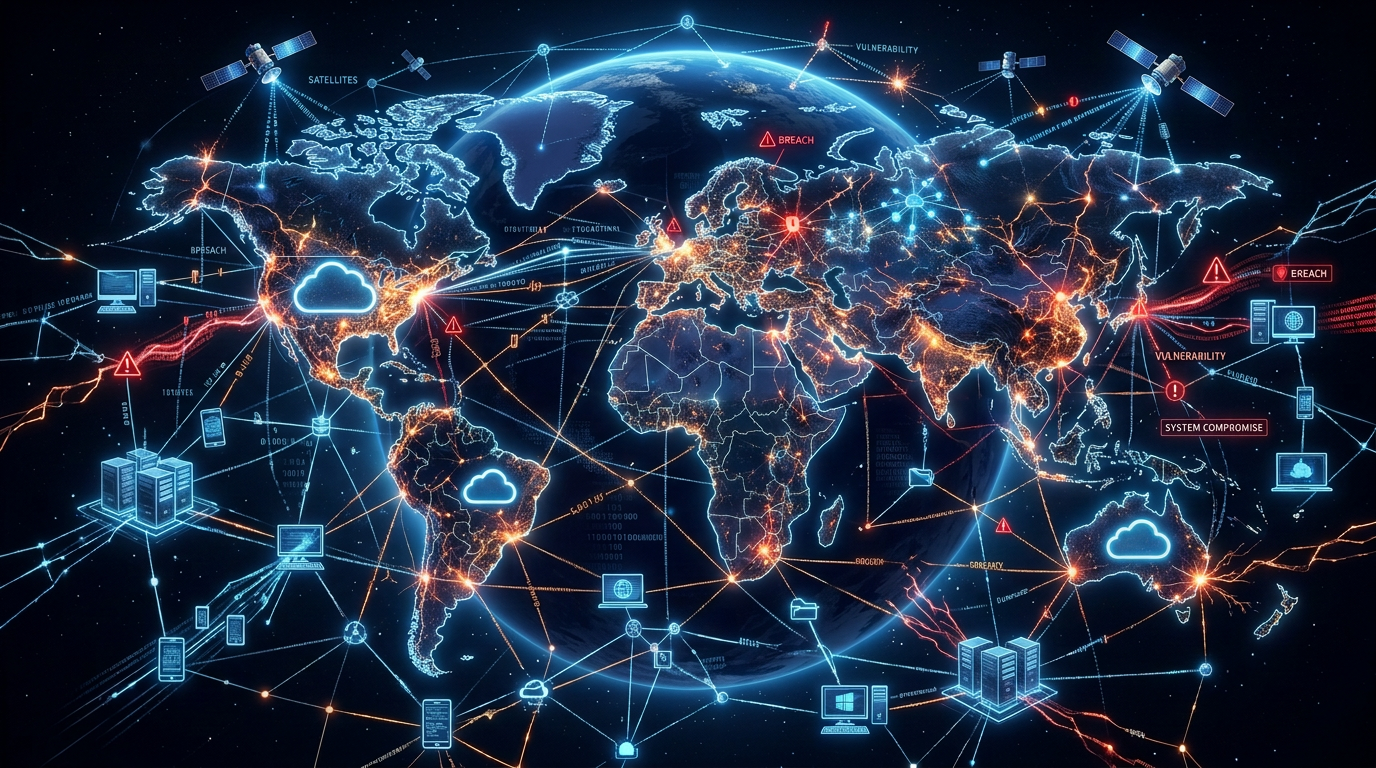 Glowing world map connecting cloud platforms, satellites, servers, and cyber threats