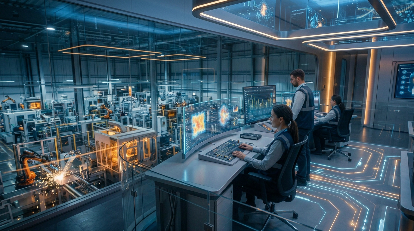 Engineers monitoring robotic manufacturing systems from a futuristic control room